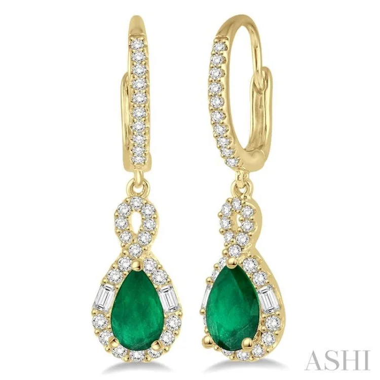 Large Hoop Earrings for Women-6X4MM Pear Cut Emerald and 1/2 Ctw Round Cut Diamond Precious Earrings in 14K Yellow Gold