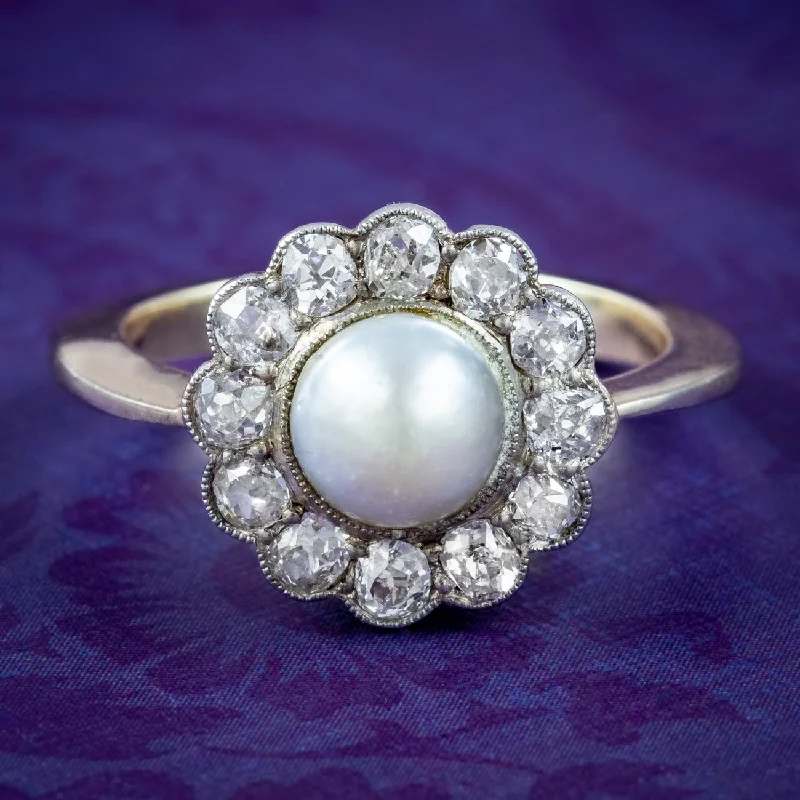 Luxury Diamond Ring for Men-Antique Victorian Natural Pearl Diamond Daisy Cluster Ring 1ct Of Diamond