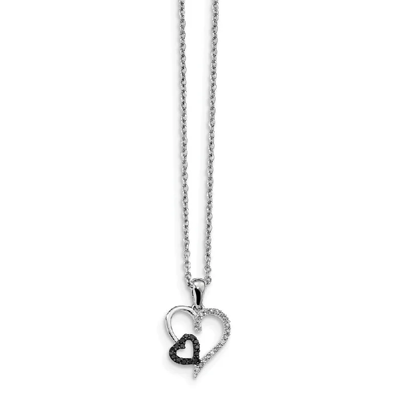 Silver Necklace for Everyday Wear-Black & White Diamond 13mm Double Heart Necklace in Sterling Silver