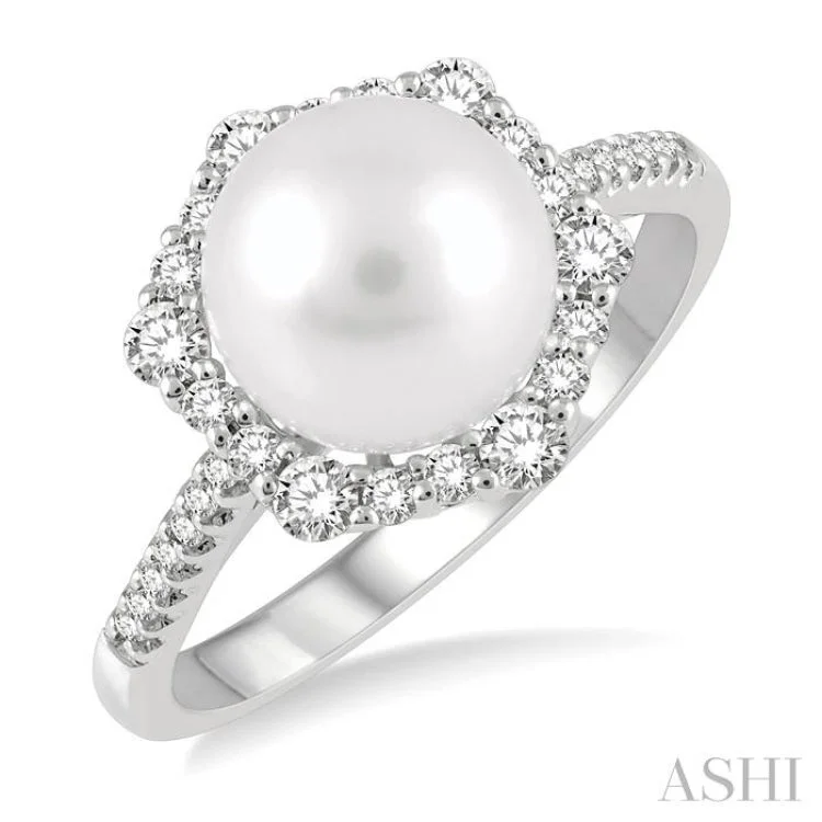 Unique Gemstone Ring-8X8MM Cultured Pearl and 1/3 Ctw Hexagon Shape Round Cut Diamond Ring in 14K White Gold