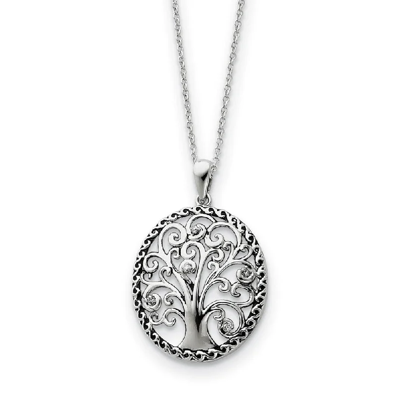 Crystal Necklace for Special Occasions-Rhodium Plated Sterling Silver & CZ Tree of Life Necklace, 18 Inch