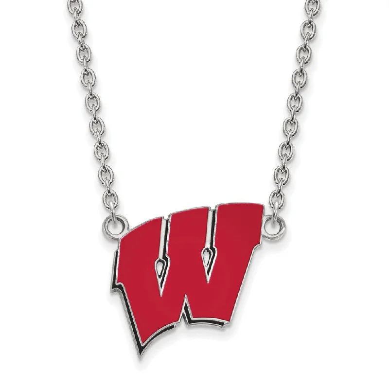 Sparkling Silver Necklace for Special Events-Sterling Silver U of Wisconsin Large Enamel 'W' Pendant Necklace