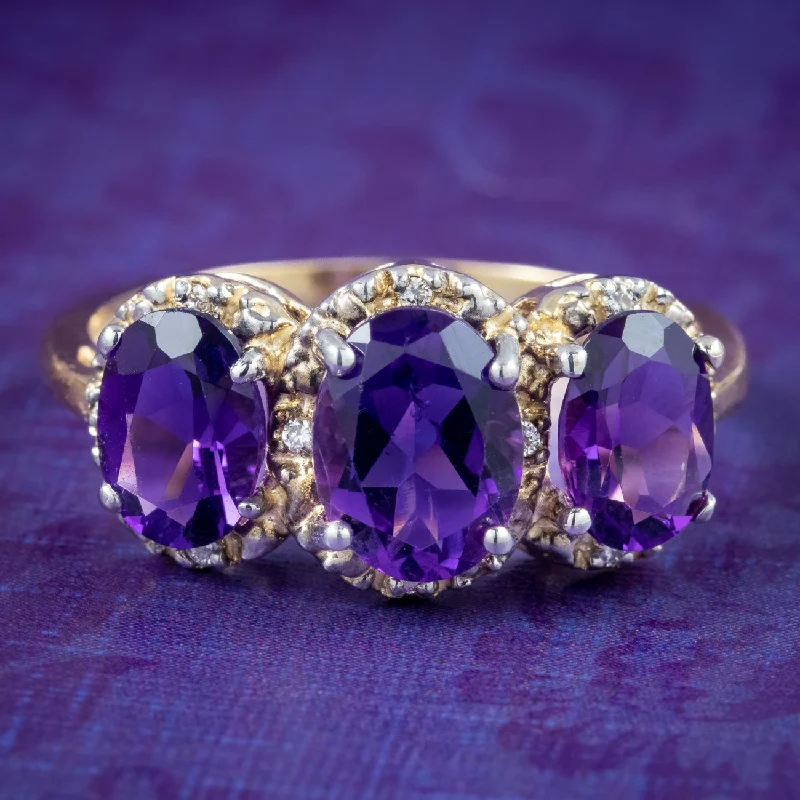 Fashionable Statement Ring for Women-Victorian Style Amethyst Diamond Trilogy Ring