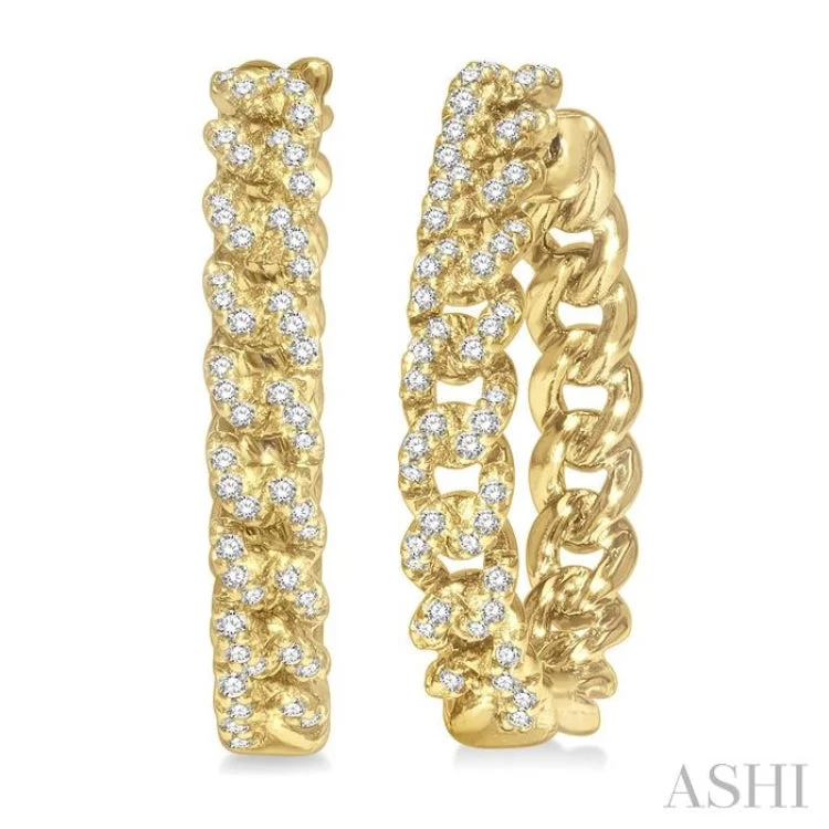 Classic Earrings for Every Occasion-1/3 Ctw Round Cut Diamond Curb & Cuban Hoop Earrings in 14K Yellow Gold