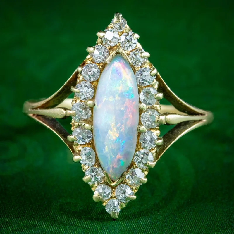 Elegant Diamond Ring for Engagement-Antique Victorian Opal Diamond Navette Cluster Ring 1ct Opal