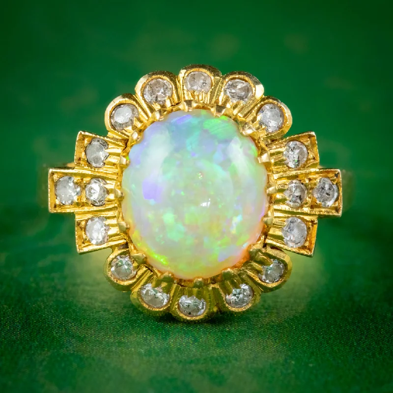 Gold Promise Ring for Engagement-Vintage Opal Diamond Cluster Ring 18ct Gold 2.50ct Natural Opal