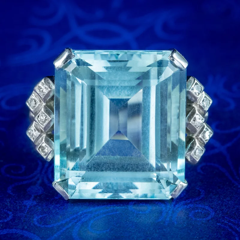 Luxury Diamond Ring for Men-Art Deco Aquamarine Diamond Cocktail Ring 25ct Aqua