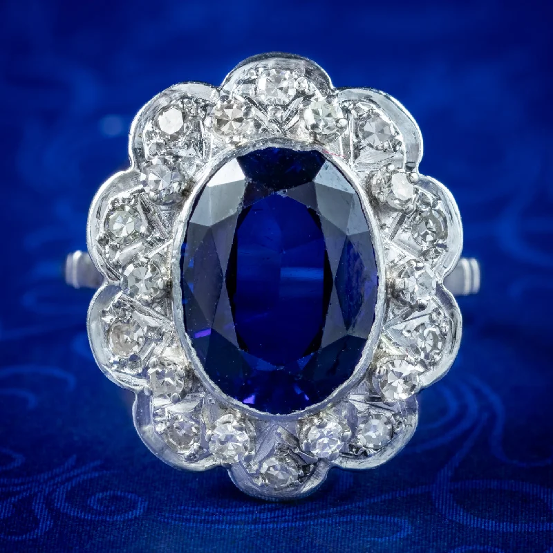 Custom Engagement Ring for Bold Women-Antique Edwardian Blue Sapphire Diamond Cluster Ring 4.2ct Synthetic Sapphire