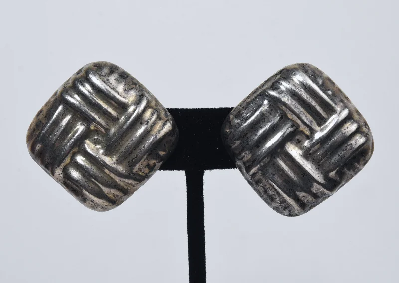 Beautiful Earrings for Weddings-Vintage Heavy Mexican Sterling Silver Basket Weave Clip On Earrings