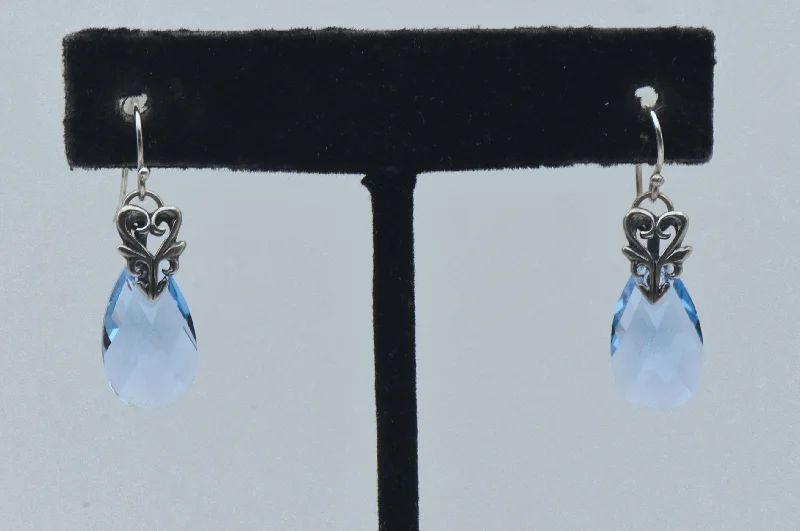 Sterling Silver Earrings-Vintage Blue Faceted Glass Teardrop Sterling Silver Earrings