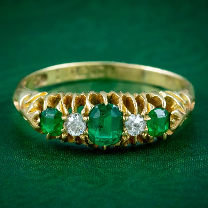 Birthstone Silver Ring for Customization-Antique Victorian Emerald Diamond Five Stone Ring 0.60ct of Emerald