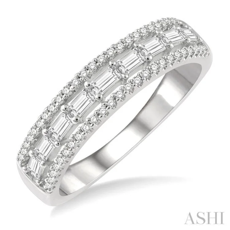 Simple Silver Ring for Everyday-1/2 Ctw Triple Row Baguette and Round Cut Diamond Fashion Band in 14K White Gold