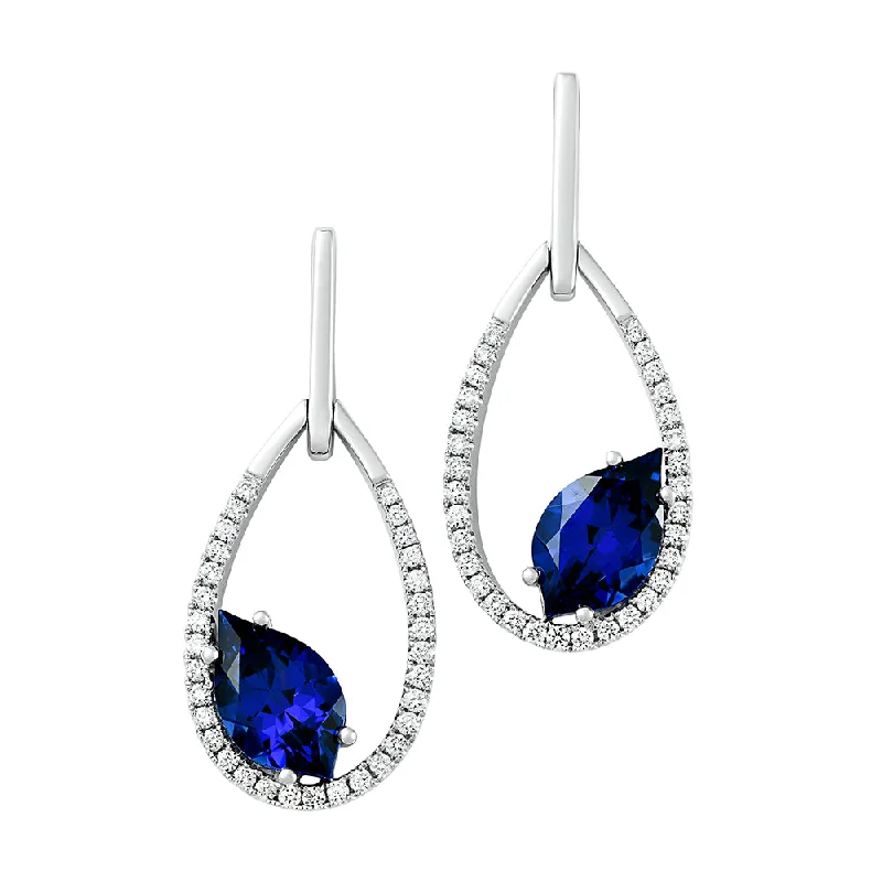 Dazzling Drop Earrings for Formal Wear-14K white gold earrings featuring 10x6mm flame cut Chatham lab grown sapphire with Chatham lab grown diamond accents.