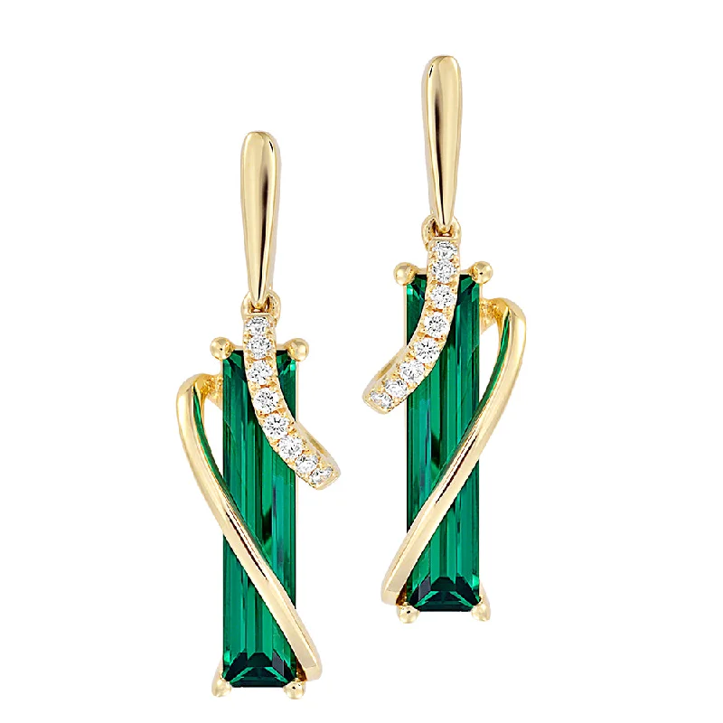 Gold Hoop Earrings-14K yellow gold earrings featuring 14x3mm baguette Chatham lab grown emeralds and Chatham lab grown diamond accents