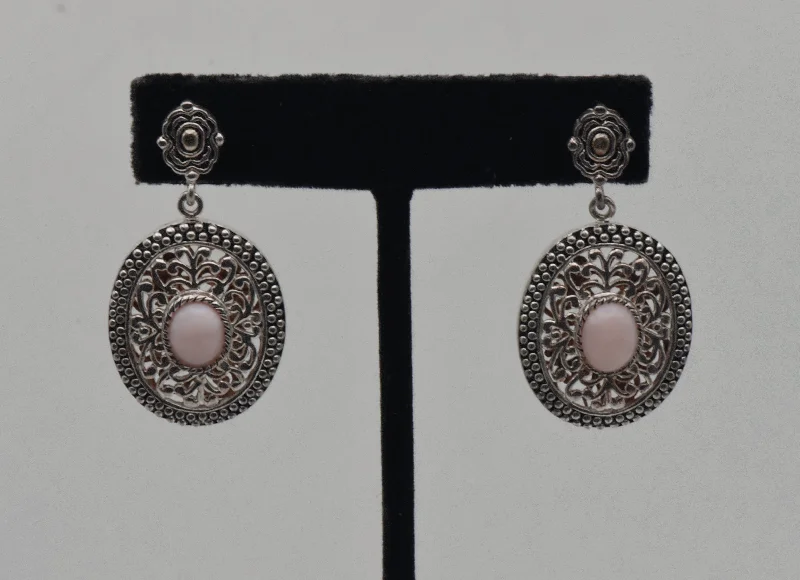 Gold Earrings for Formal Occasions-Vintage Pink Opal and Sterling Silver Dangle Earrings