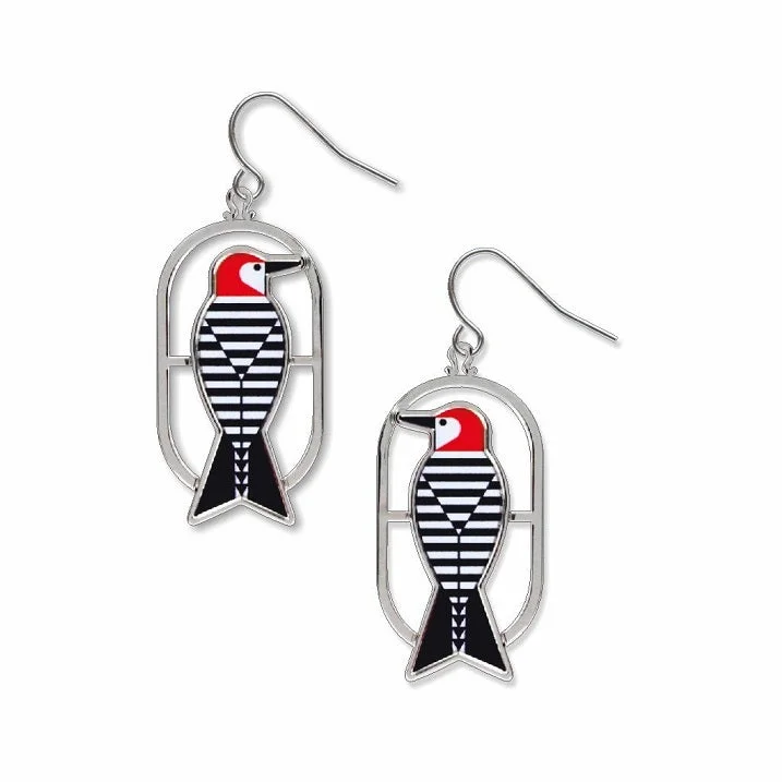 Custom Hoop Earrings for Women-Charley Harper Woodpecker Earrings