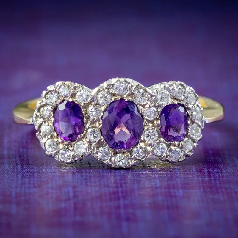 Classic Diamond Engagement Ring Set-Vintage Amethyst Diamond Trilogy Cluster Ring Dated 1991