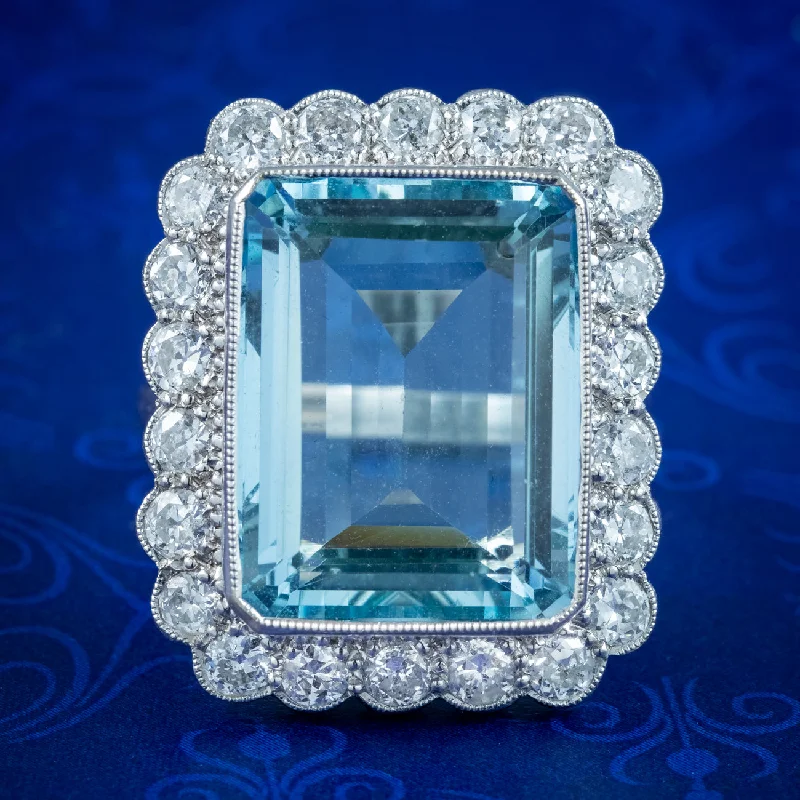 Vintage Engagement Ring for Women-Art Deco Style Aquamarine Diamond Cocktail Ring 16ct Aqua