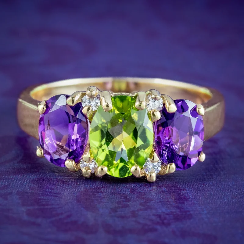 Custom Gold Wedding Ring for Women-Edwardian Style Suffragette Ring Amethyst Peridot Diamond