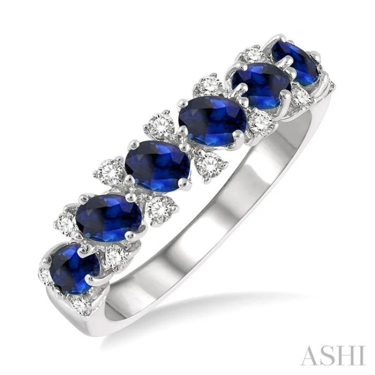 Unique Gold Ring for Fashionistas-1/5 ctw Oval Shape 4X3MM Sapphire and Round Cut Diamond Precious Band in 14K White Gold