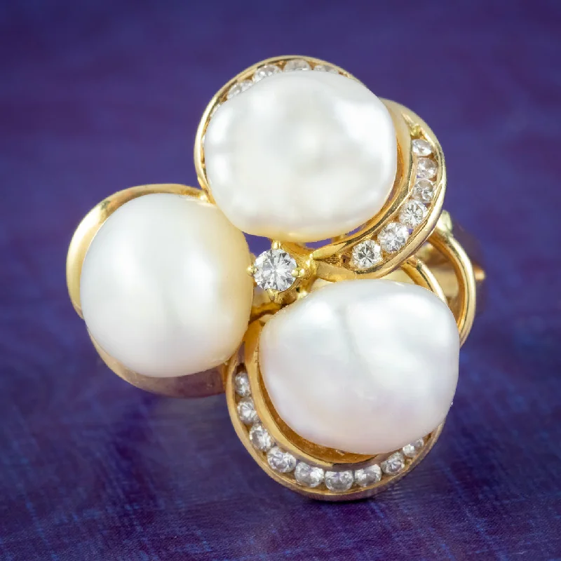 Gold Wedding Band with Diamonds-Vintage Natural Baroque Pearl Diamond Cluster Ring