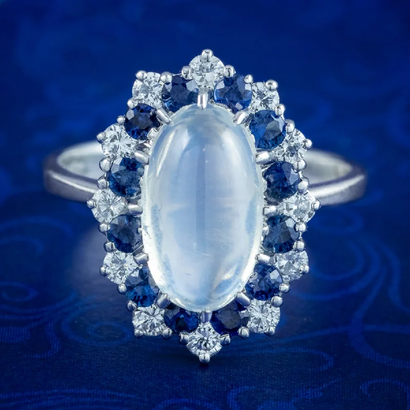 Personalized Ring with Custom Engraving-Vintage Moonstone Sapphire Diamond Cluster Ring 3.75ct Moonstone