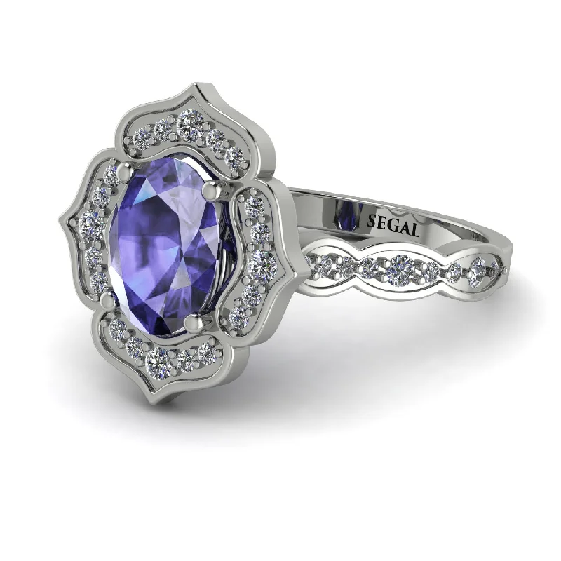 Personalized Titanium Ring for Special Day-Decorated Halo Oval Tanzanite Engagement Ring - Faith No. 203