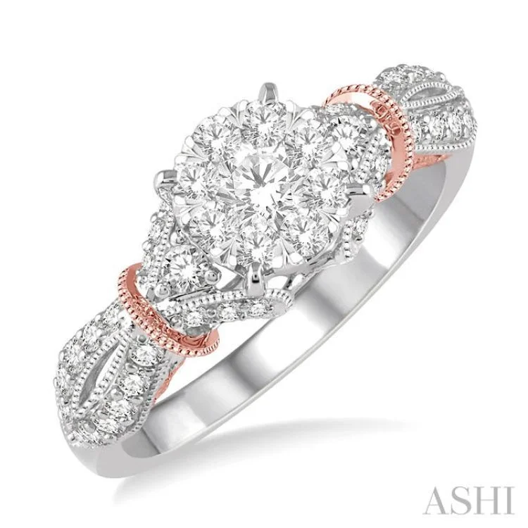 Rose Gold Engagement Ring with Diamonds-3/4 Ctw Round Diamond Lovebright Ring in 14K White and Rose Gold