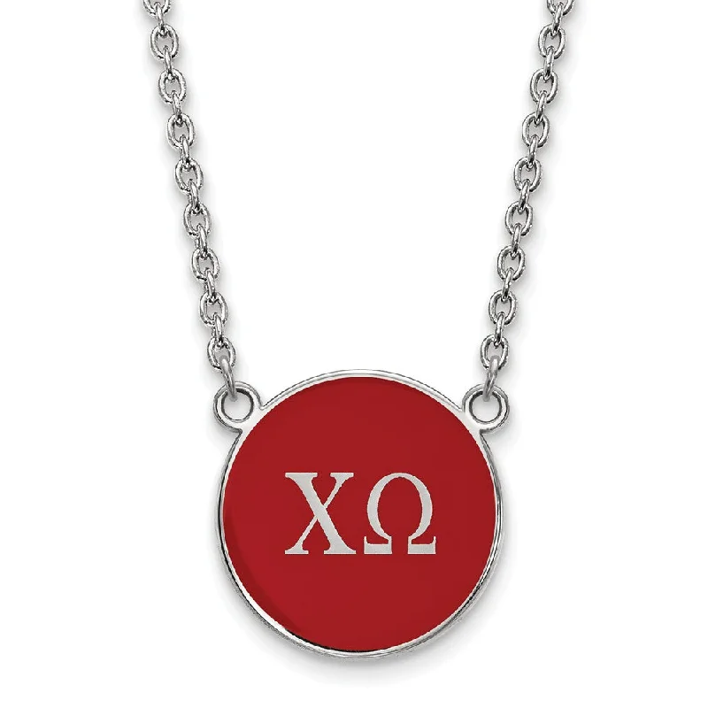 Sterling Silver Necklace for Casual Wear-Sterling Silver Chi Omega Large Red Enamel Disc Necklace