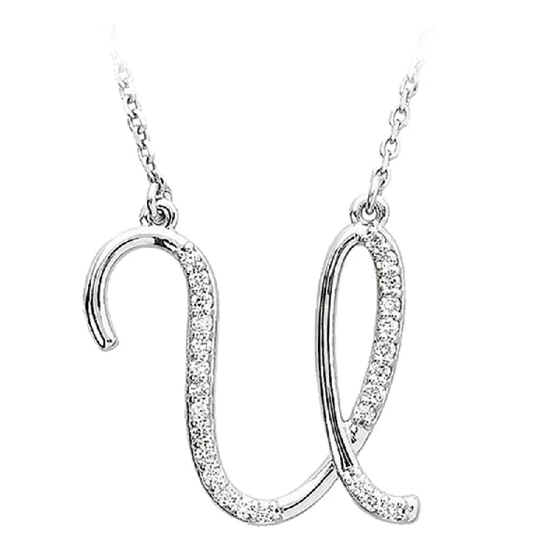 Custom Necklace with Name-1/8 Ctw Diamond 14k White Gold Medium Script Initial U Necklace, 17in