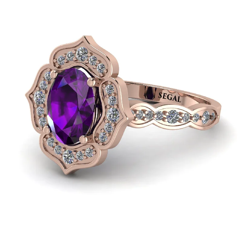 Customizable Gemstone Ring for Women-Decorated Halo Oval Amethyst Engagement Ring - Faith No. 302