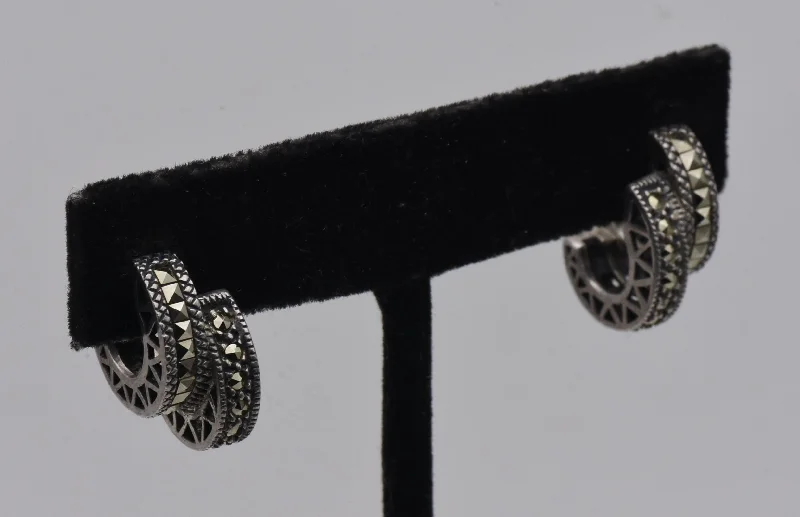 Luxury Diamond Earrings-Vintage Sterling Silver and Marcasite Double 3/4 Hoop Earrings