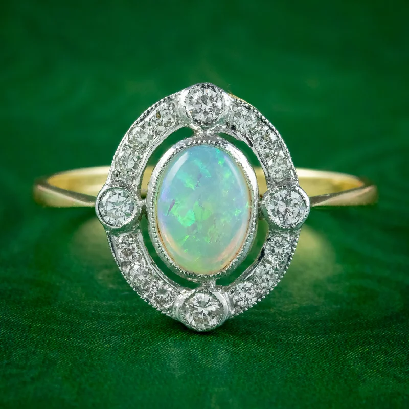 Chunky Gemstone Ring for Bold Style-Art Deco Style Opal Diamond Cluster Ring 0.70ct Opal