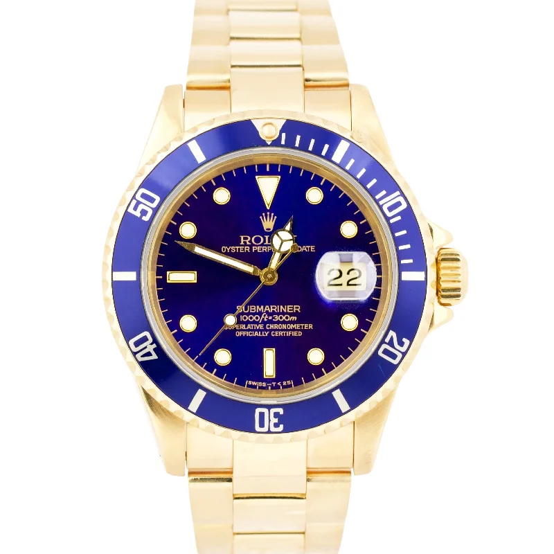 Customizable Sports Watches for Men-Rolex Submariner Date BLUE 18K Yellow Gold 40mm Oyster Automatic Watch 16618 LB