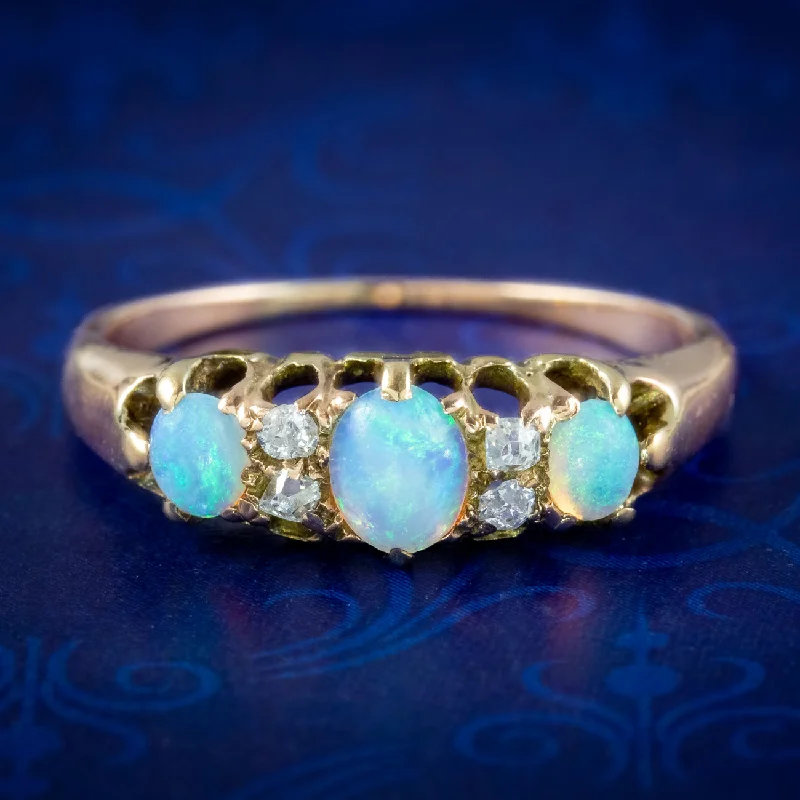 Stackable Silver Rings for Fashion-Antique Victorian Opal Diamond Ring 0.45ct Opal