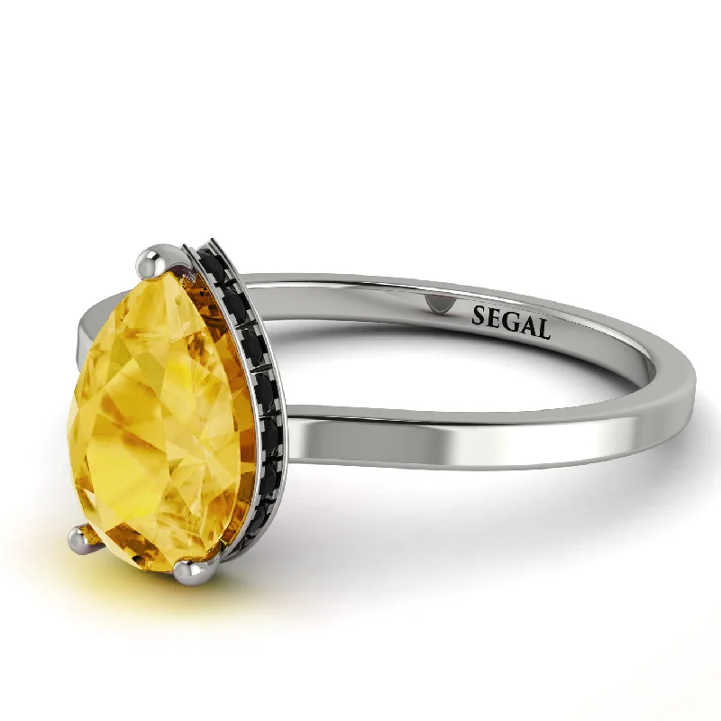 Simple Silver Ring Set for Couples-Hidden Halo Pear Citrine Engagement Ring - Mary No. 609