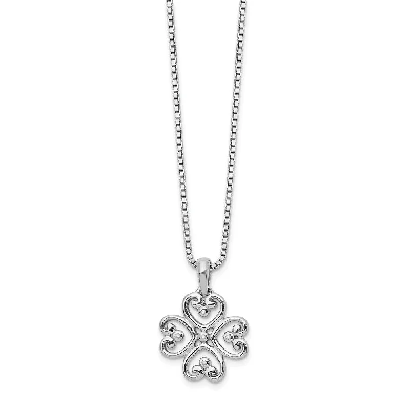 Necklace with Engraved Charm for Personal Touch-4 Heart Diamond Clover Necklace in Rhodium Plated Silver, 18-20 Inch