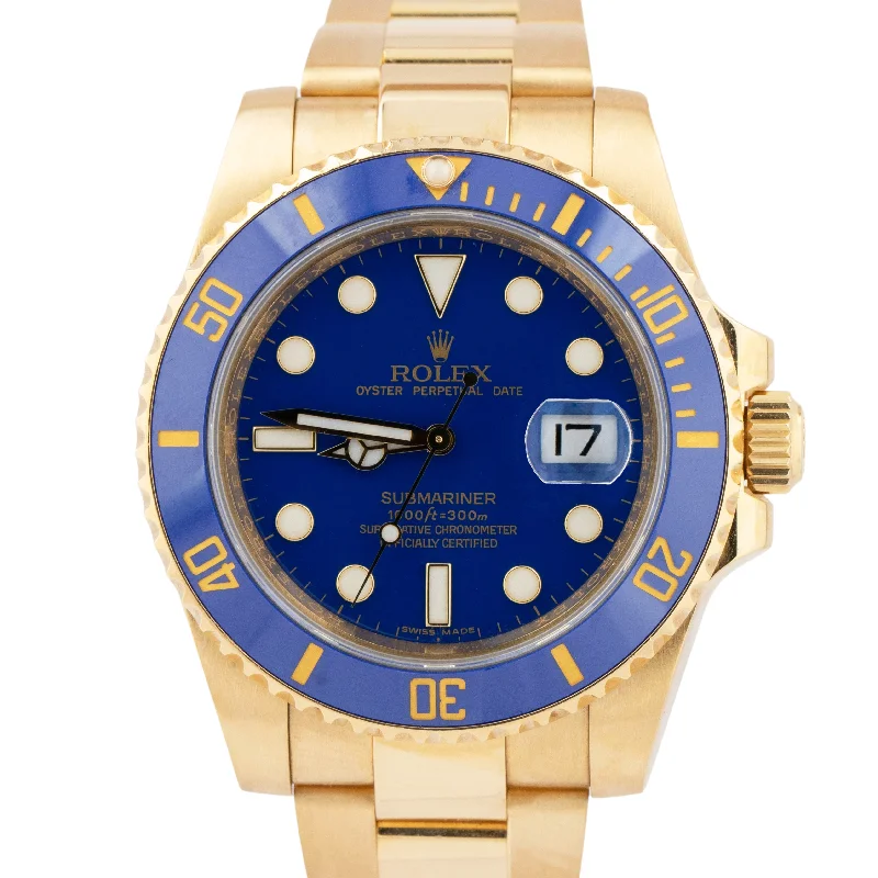 Classic Watches with Roman Numerals for Timeless Look-Rolex Submariner Date 40mm Ceramic 18K Yellow Gold Blue Dive Watch 116618 LB