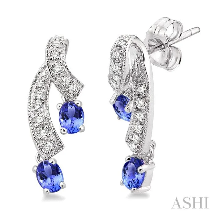 Classic Gemstone Earrings-4x3MM Oval Cut Tanzanite and 1/5 Ctw Round Cut Diamond Earrings in 14K White Gold