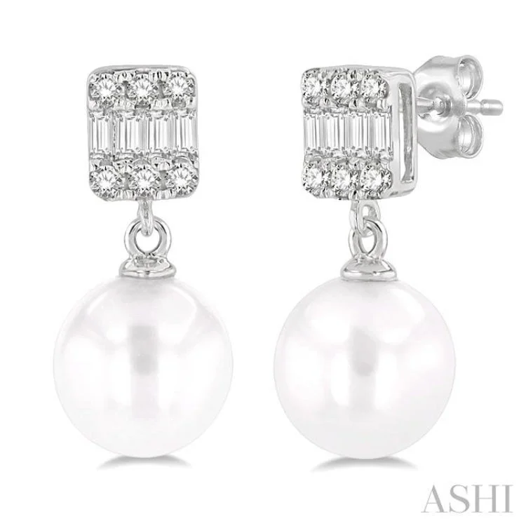 Long Silver Earrings-1/10 ctw 6x6MM Cultured Pearls, Baguette and Round Cut Diamond Earring in 10K White Gold