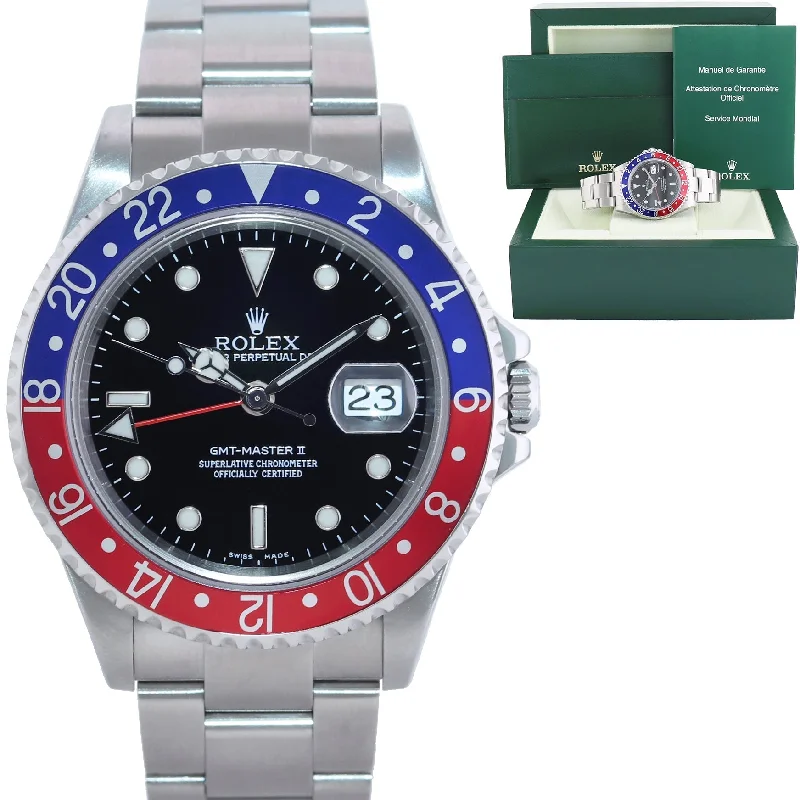 Stylish Watches with White Leather Straps-MINT 2005 Rolex GMT-Master II Pepsi Steel Blue Red 40mm NO Holes 16710 Watch Box