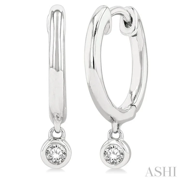 Crystal Earrings for Evening Glam-1/10 ctw Petite Bezel Drop Round Cut Diamond Fashion Huggies in 10K White Gold