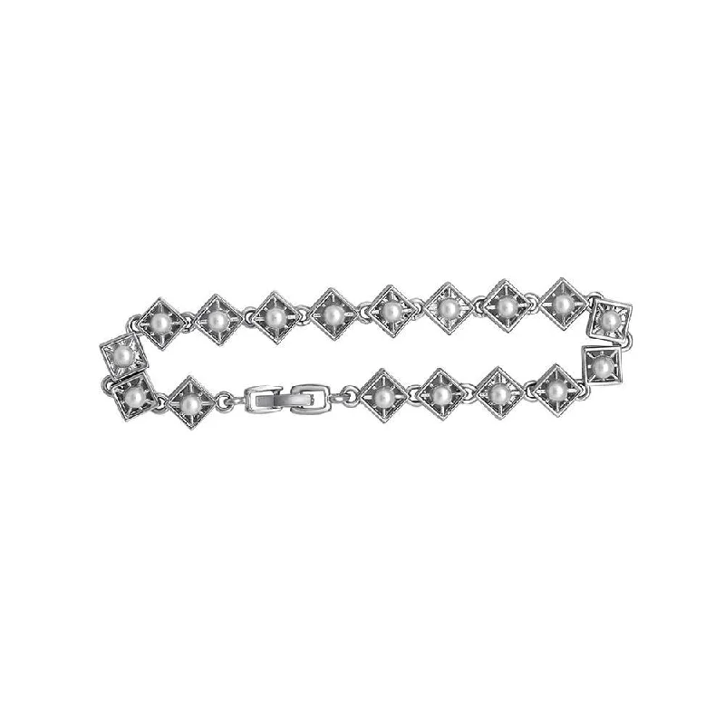 Unique Silver Bangles for Gift Ideas-Mahi Crystal Square Pearl Rhodium Plated Bracelet For Women