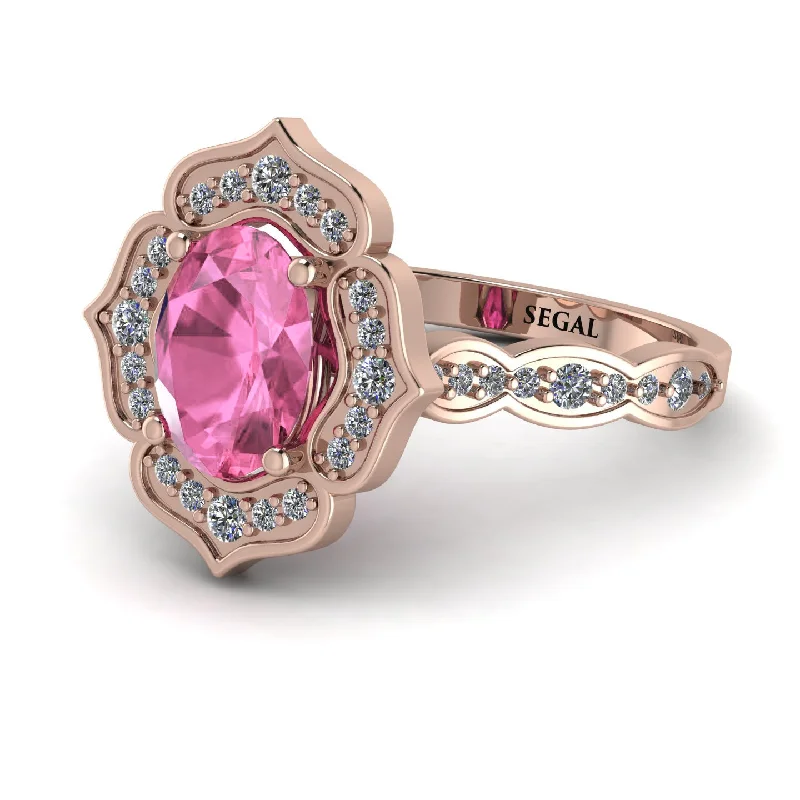 Silver Men’s Ring with Design-Decorated Halo Oval Pink Moissanite Engagement Ring - Faith No. 802