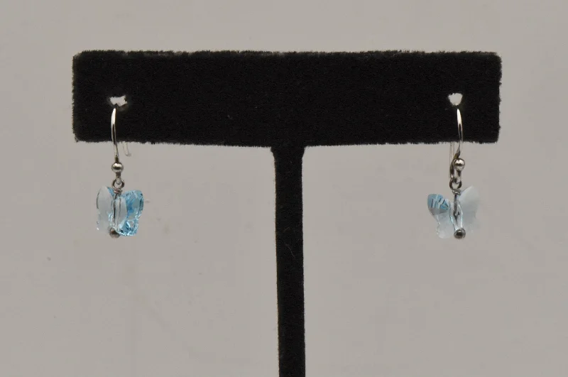 Silver Hoop Earrings-Vintage Blue Crystal Butterfly Sterling Silver Dangle Earrings