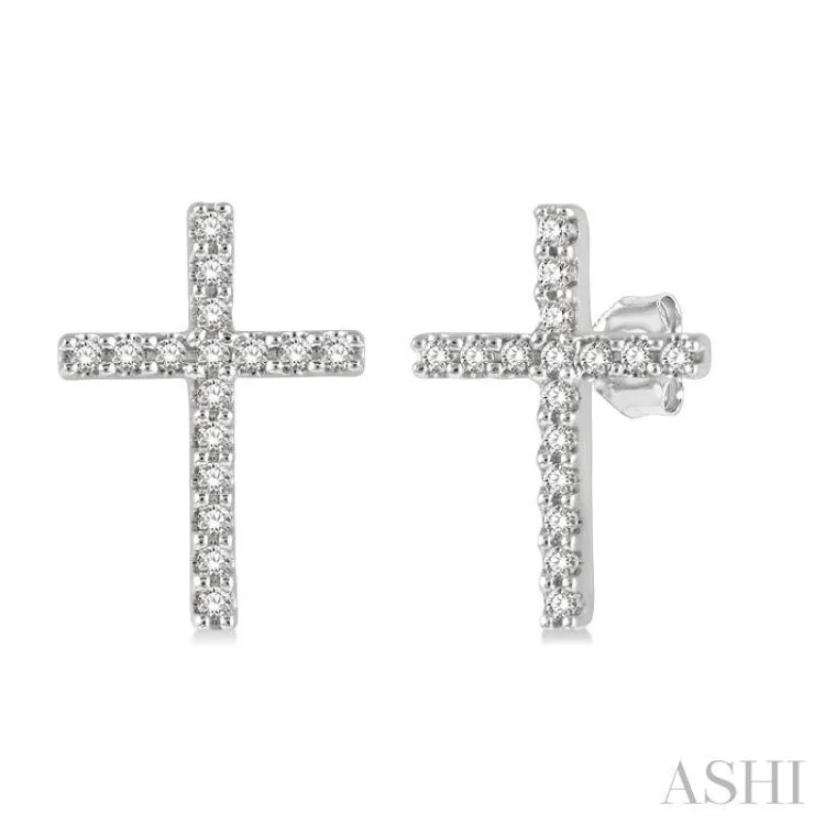 Fashion Earrings for Casual Wear-1/10 Ctw Cross Round Cut Diamond Petite Fashion Earring in 14K White Gold