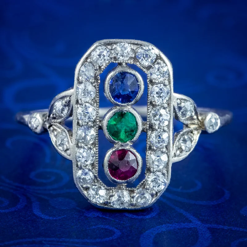 Adjustable Ring for Casual Style-Antique Art Deco Emerald Ruby Sapphire Diamond Cluster Ring