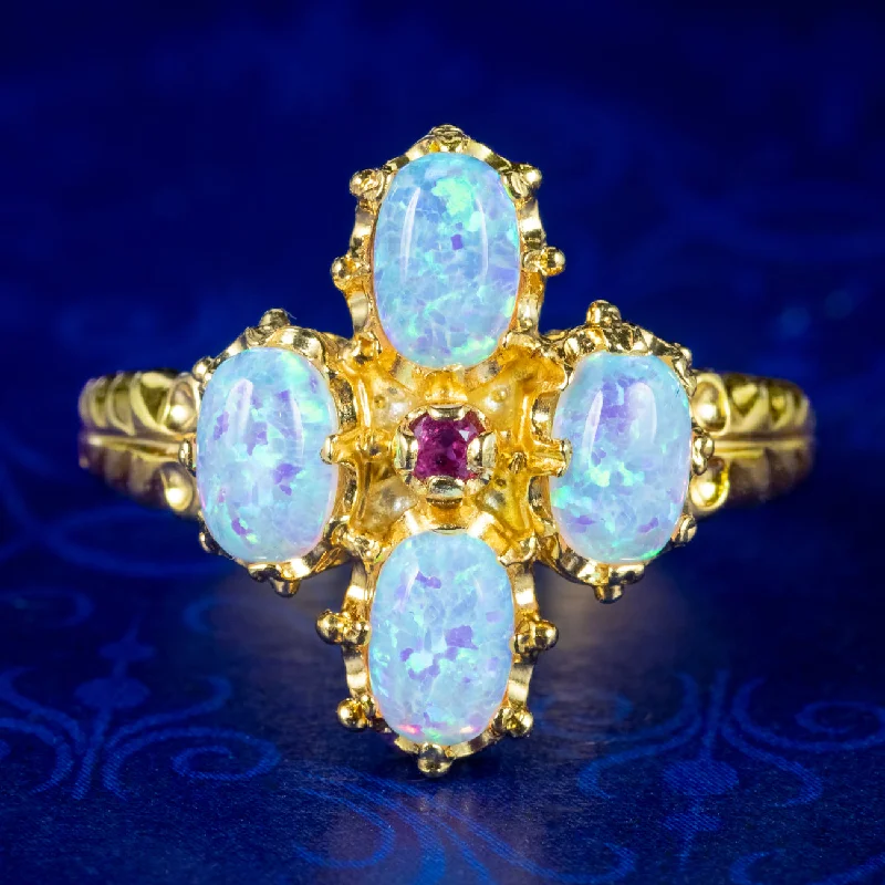 Boho Chic Ring for Casual Wear-Victorian Style Opal Ruby Cluster Ring