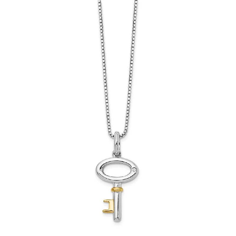 Classic Gold Necklace for Weddings-Diamond Key Necklace in Rhodium and Gold tone Plated Silver, 18-20 In