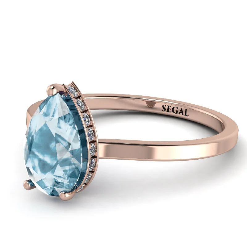 Designer Ring for Women-Hidden Halo Pear Aquamarine Engagement Ring - Mary No. 402